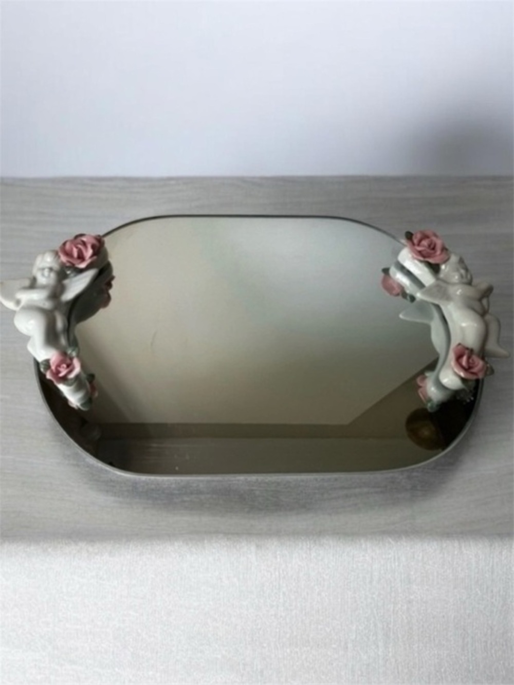 Decorative Mirror vanity tray with Pink Floral and cherubs Accents